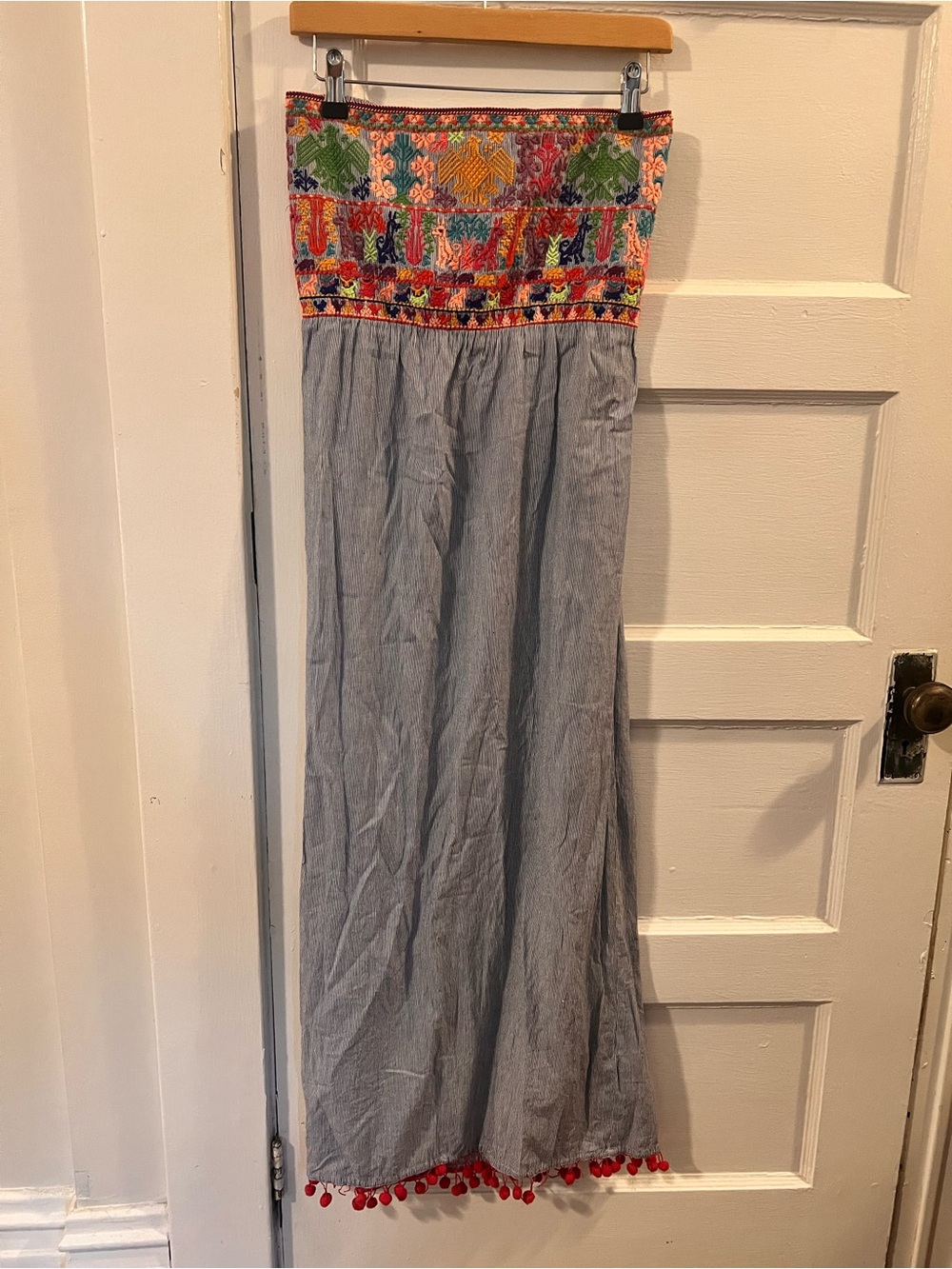 Christophe Sauvat Embroidered Strapless Maxi Dress Size M - Boho Pom-Pom Hem